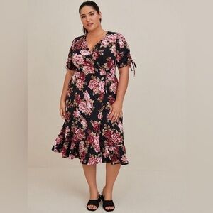Torrid Black and Pink Floral Midi Dress, A-line Midi Wrap Dress